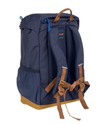 The back view of the Lassig kids mini outdoor backpack in navy, with adjustable brown straps.