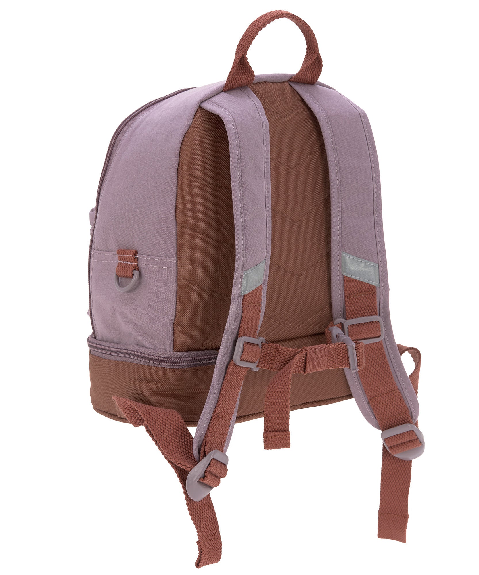 A back view of the Lassig mini backpack, showing the reflective, adjustable shoulder straps.