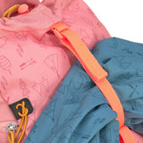 A close up of the Lassig kids mini adventure backpack in rose showing the buckle fastener detail and the playful woodland inspired design on the backpack