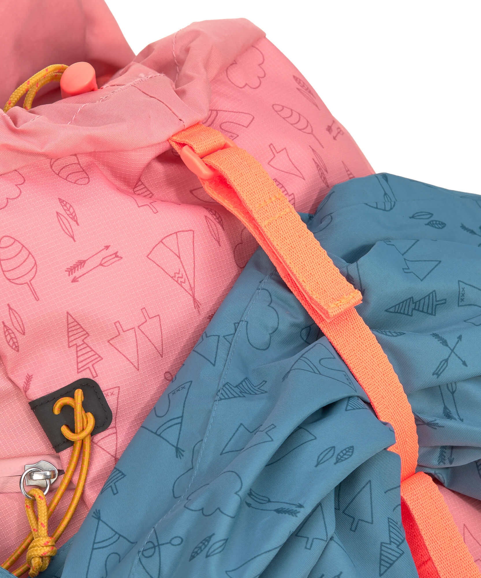 A close up of the Lassig kids mini adventure backpack in rose showing the buckle fastener detail and the playful woodland inspired design on the backpack