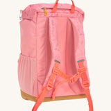 The back of the Lassig kids mini advetnure backpack in rose showing the padded shoulder and mesh side pocket detail.