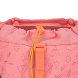 A close up of the Lassig kids mini adventure backpack in rose showing the woodland camping inspired graphics and compartment toggle detail