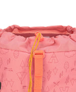 A close up of the Lassig kids mini adventure backpack in rose showing the woodland camping inspired graphics and compartment toggle detail