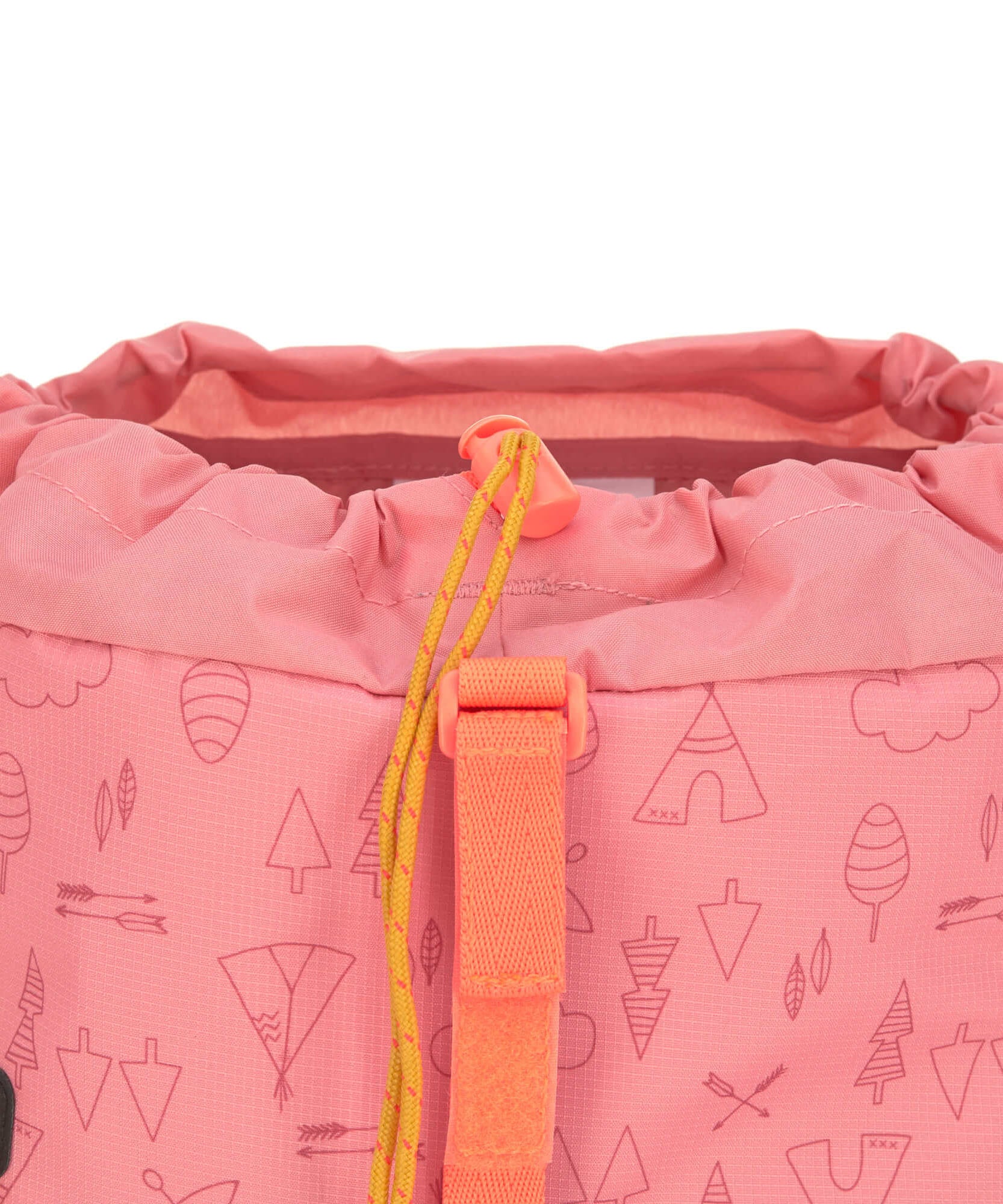 A close up of the Lassig kids mini adventure backpack in rose showing the woodland camping inspired graphics and compartment toggle detail