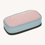 A underside view of the Lassig spacy pink & navy pencil case showing the light pink bottom panel and black zip detail
