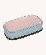A underside view of the Lassig spacy pink & navy pencil case showing the light pink bottom panel and black zip detail