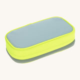 A underside view of the Lassig spacy neon yellow pencil case showing the light grey bottom panel and matching grey zip detail