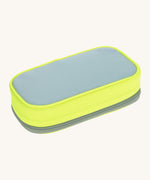 A underside view of the Lassig spacy neon yellow pencil case showing the light grey bottom panel and matching grey zip detail