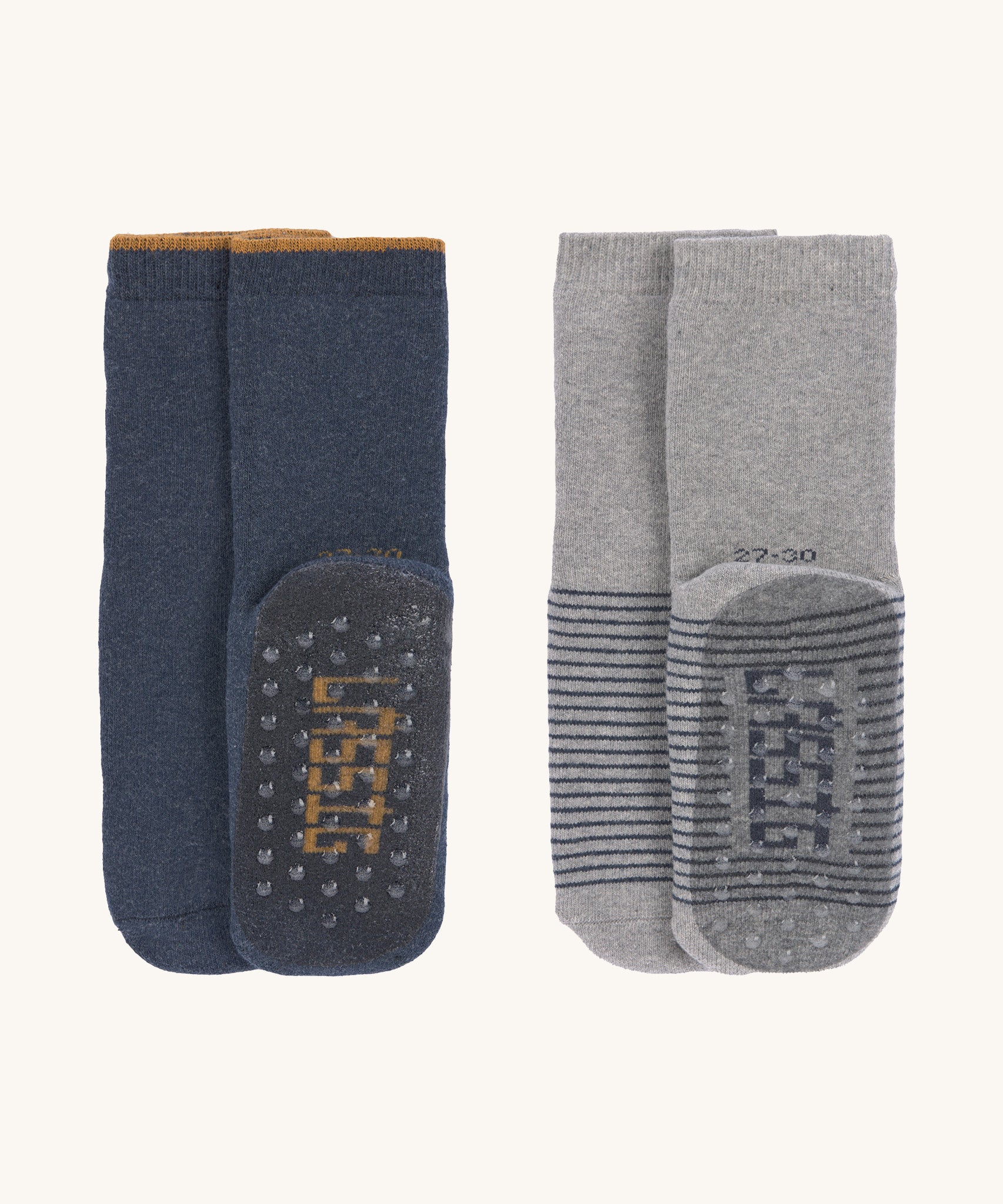 The Lassig organic cotton anti-slip grippy socks 2 pack, onepair is in a navy blue and one is in grey.