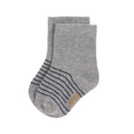 The Lassig organic cotton baby socks in grey with navy blue stripes.