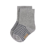 The Lassig organic cotton baby socks in grey with navy blue stripes.