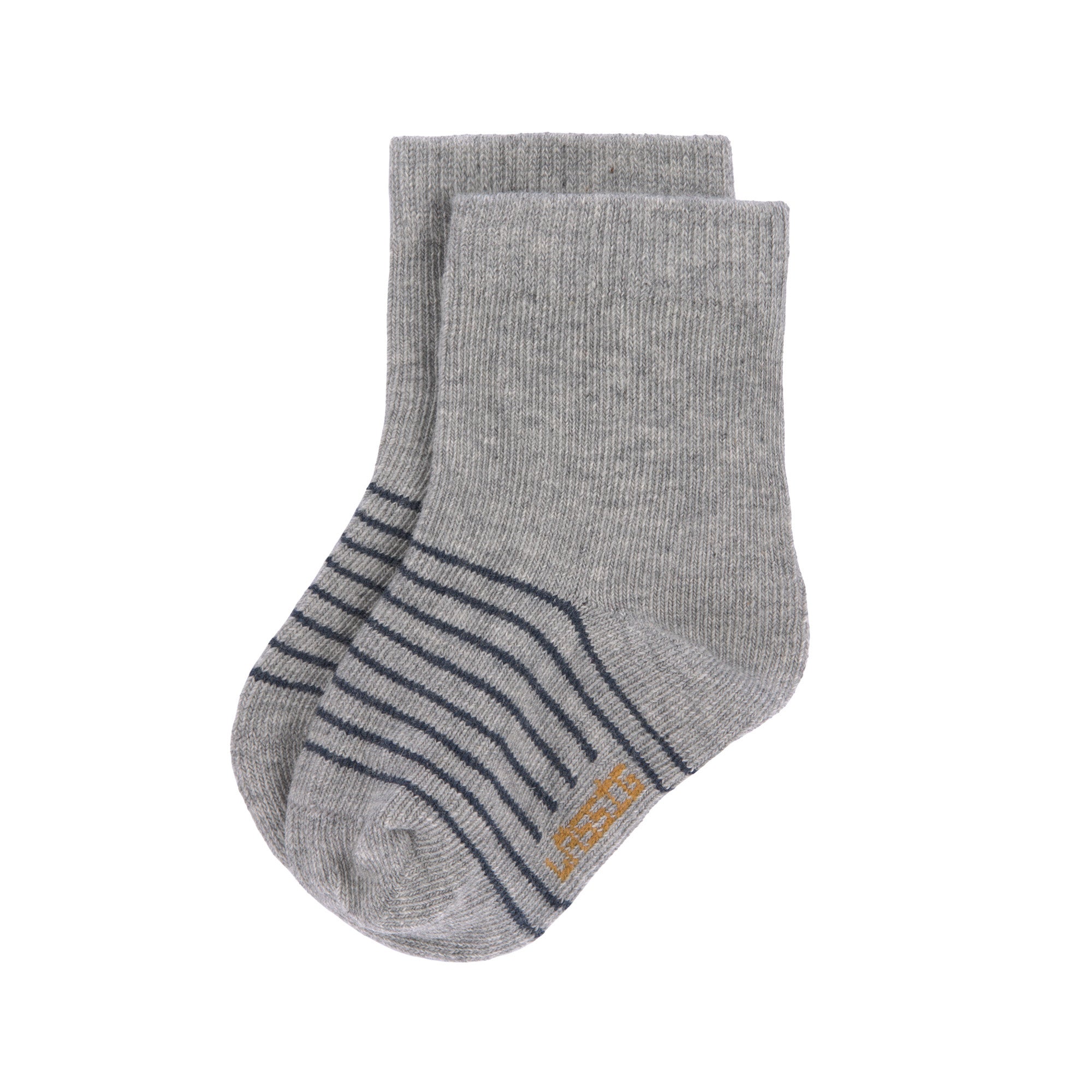 The Lassig organic cotton baby socks in grey with navy blue stripes.