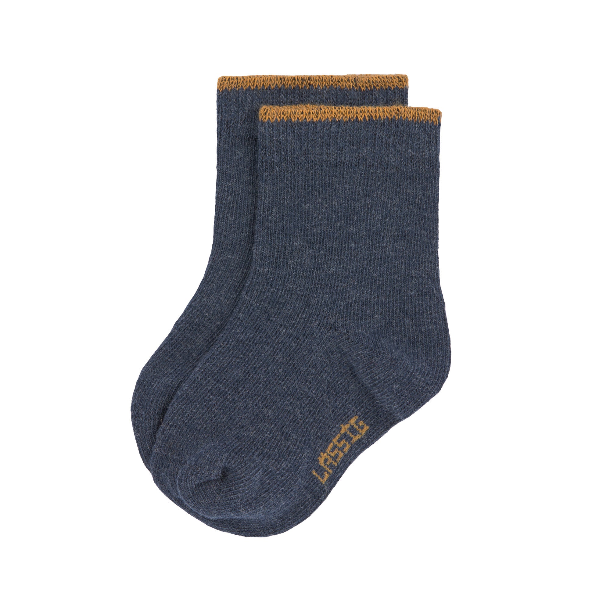 The Lassig organic cotton baby socks in navy blue with a mustard yellow trim on the cuffs.