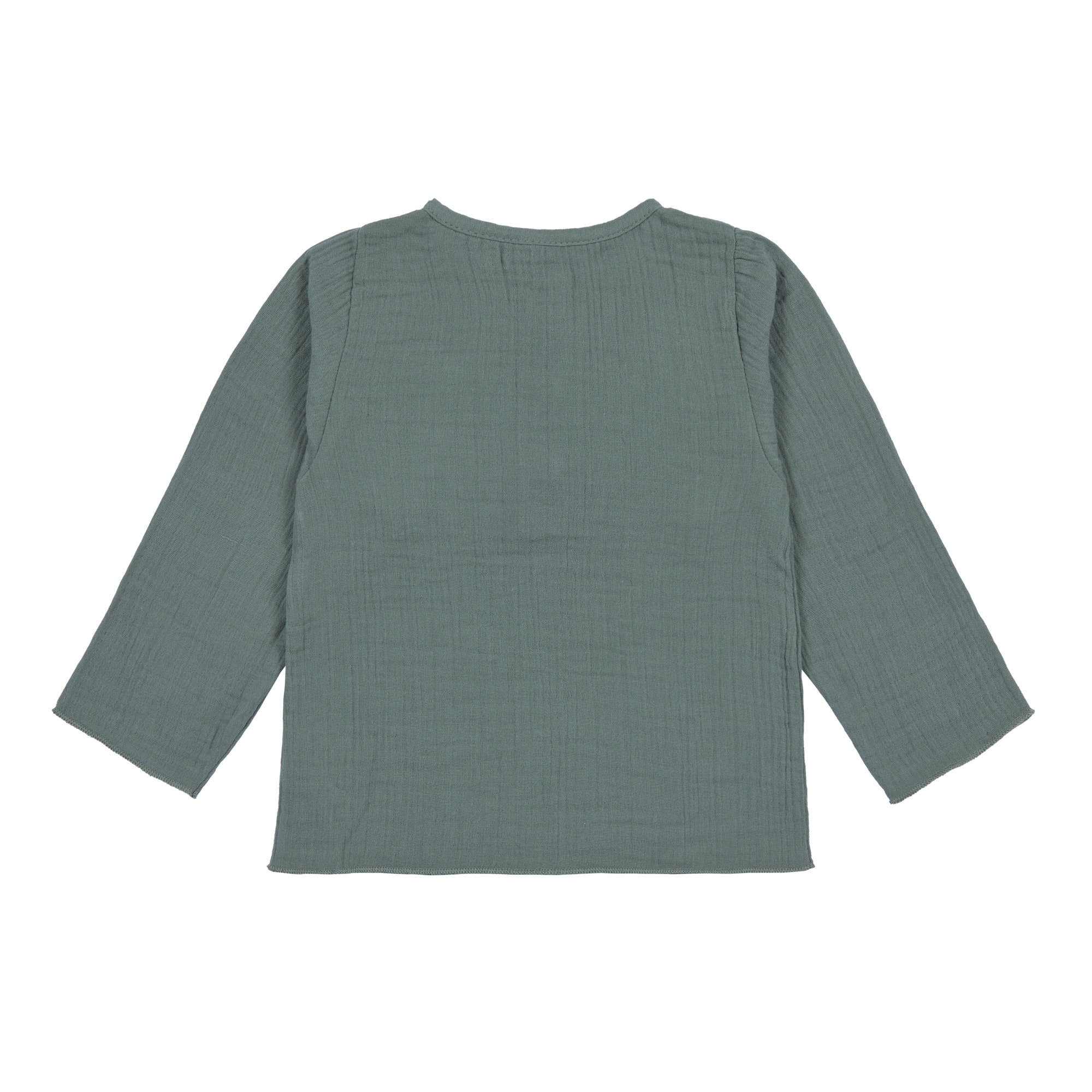 The back of the Lassig organic cotton muslin long sleeved top for babies and toddlers, in a dark petrol green.