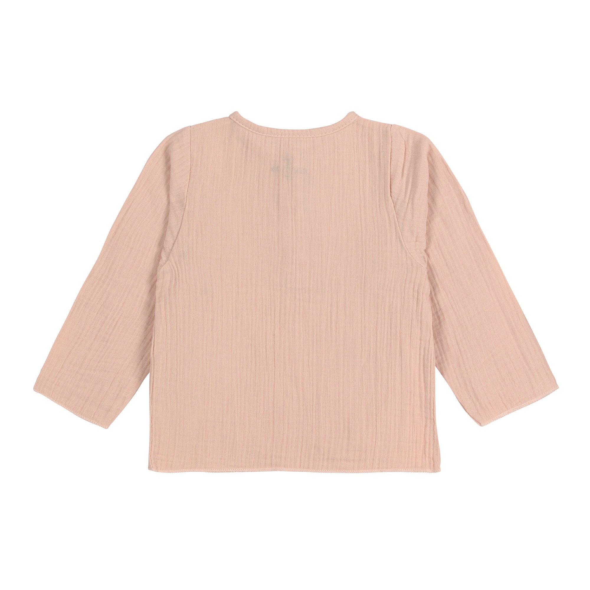 The back of the Lassig organic cotton muslin long sleeved top for babies and toddlers, in a beautiful pale powder pink colour.