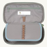 A close up of the inside of the Lassig spacy neon yellow pencil case showing the elasticated stationary holder detail and extra compartment with a zip fastener