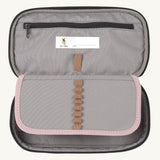 A close up of the inside of the Lassig spacy pink & navy pencil case showing the elasticated stationary holder detail and extra compartment with a zip fastener. Features a name tag on the inside
