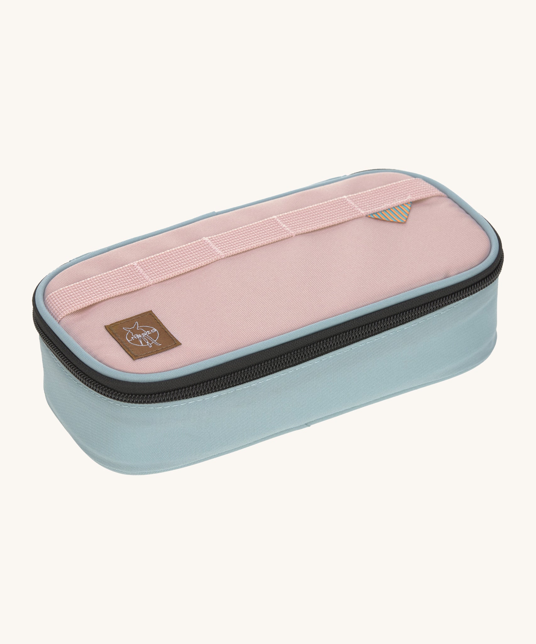 Lassig spacy pink & navy pencil case  available at Babipur. Features a black zip fastener and a matching decorative pink strap on the front panel