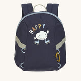 The Lassig tiny kids backpack for toddlers and little children, in a dark navy blue, with a cartoon of a roller-skating cloud.