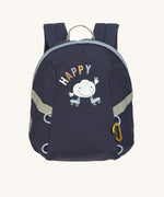 The Lassig tiny kids backpack for toddlers and little children, in a dark navy blue, with a cartoon of a roller-skating cloud.