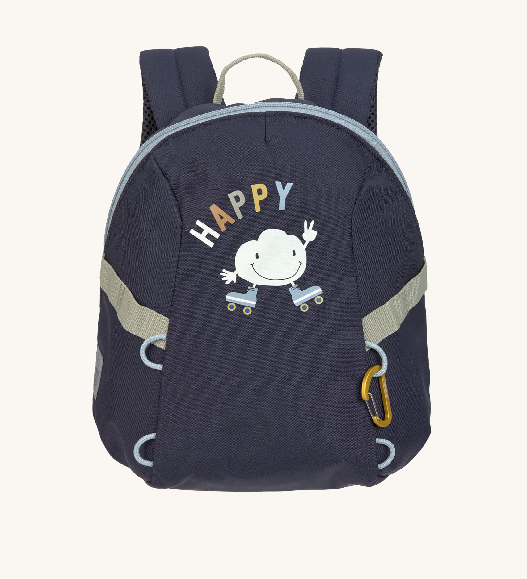 The Lassig tiny kids backpack for toddlers and little children, in a dark navy blue, with a cartoon of a roller-skating cloud.