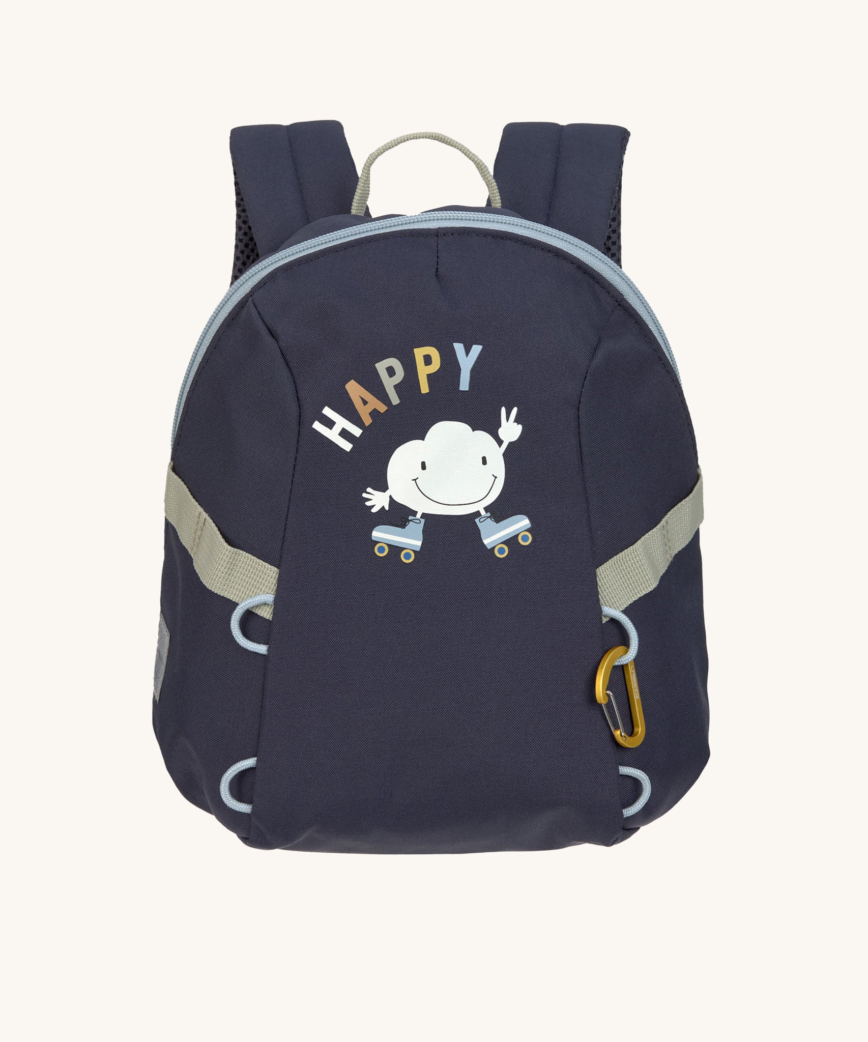 The Lassig tiny kids backpack for toddlers and little children, in a dark navy blue, with a cartoon of a roller-skating cloud.