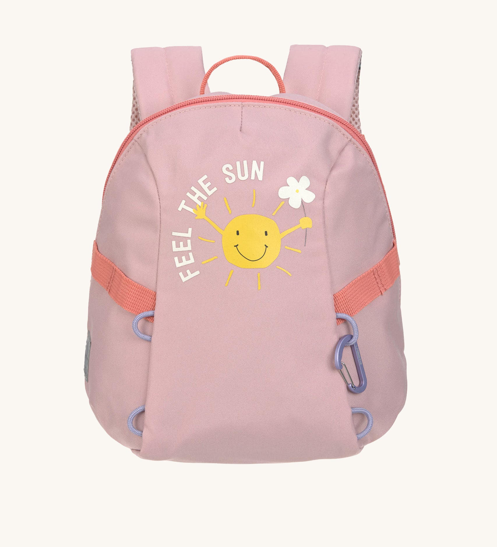 The Lassig tiny backpack for toddlers and little kids, in a light pink with a little cartoon sun of the front.