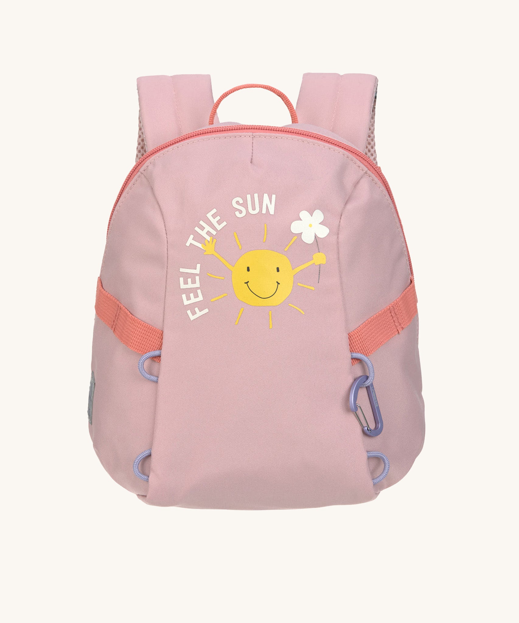 The Lassig tiny backpack for toddlers and little kids, in a light pink with a little cartoon sun of the front.