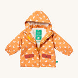 Little Green Radicals waterproof coat in gold ducks available at Babipur. A thick yellow with red trim winter's coat made from recycled polyester. Features a sherpa fleece inner liner, elasticated arm cuffs for a snug fit and a full length zip  with a sherpa fleece inner liner