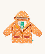 Little Green Radicals waterproof coat in gold ducks available at Babipur. A thick yellow with red trim winter's coat made from recycled polyester. Features a sherpa fleece inner liner, elasticated arm cuffs for a snug fit and a full length zip  with a sherpa fleece inner liner