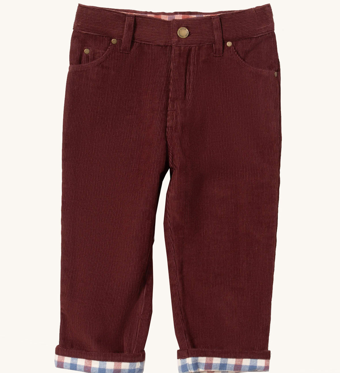 Little Green Radicals adventure jeans in chocolate corduroy available at Babipur. A soft GOTS organic cotton trousers in dark maroon with a check  design inner. It has a button fastener for a comfortable fit and 2 side pockets