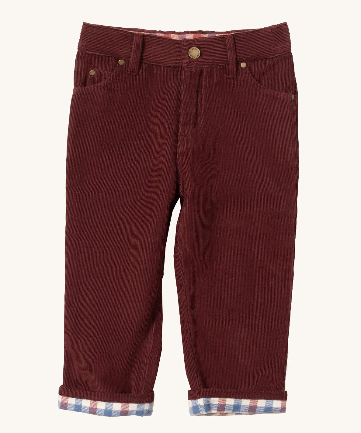 Little Green Radicals adventure jeans in chocolate corduroy available at Babipur. A soft GOTS organic cotton trousers in dark maroon with a check  design inner. It has a button fastener for a comfortable fit and 2 side pockets