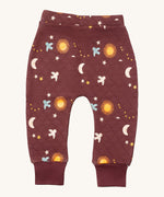 Little Green Radicals flying birds quilted joggers available at Babipur. A dark maroon GOTS organic cotton joggers with a quilted stitch with elasticated cuffs and cute prints of birds flying through a starry night