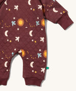 A close up of the Little Green Radicals hooded snug suit in flying birds showing the arm and leg cuff detail