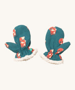 Little Green Radicals sherpa fleece mittens in foxes available at Babipur. A GOTS organic cotton mitten in turquoise with cute prints of foxes with a white sherpa style fleece inner for warmth.