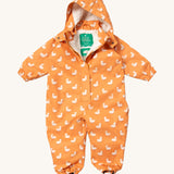 Little Green Radicals gold ducks waterproof winter suit  available at Babipur. A recycled polyester thick all in one outfit in yellow with cute prints of ducks. Features a hood, a white sherpa fleece inner liner, elasticated cuffs and black straps on the legs to go over footwear.