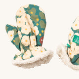 A close of the Little Green Radicals sherpa fleece mittens in hedgerow. Showing a close up of the squirrel in flowers print and white sherpa fleece detail on turquoise organic cotton fabric.