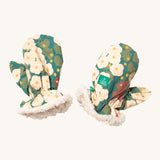 Little Green Radicals sherpa fleece mittens in hedgerow available at Babipur. A GOTS organic cotton mitten in turquoise with a cute squirrel print in flowers  with a white sherpa style fleece inner for warmth.