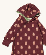 A close up of the Little Green Radicals hooded snug suit in brown bears showing the hood which has a green and white stripe inner and the zip detail on GOTS organic cotton fabric