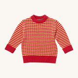 Little Green Radicals snuggly knitted jumper in juniper stripe available at Babipur. A thick warm knitted jumper from GOTS organic cotton fabric in pale red and yellow stripe with a pale collar, cuff and hem trim.
