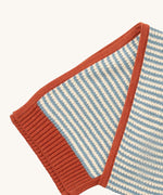 A close up of the Little Green Radicals knitted scarf in blue stripes. showing the blue and cream stripes and red trim detail on organic cotton fabric.