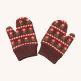 Little Green Radicals collecting flowers mittens available at Babipur. A dark brown GOTS organic cotton mitten with a retro flower design. Features a matching elasticated cuff for a secure fit.