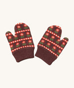 Little Green Radicals collecting flowers mittens available at Babipur. A dark brown GOTS organic cotton mitten with a retro flower design. Features a matching elasticated cuff for a secure fit.