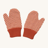 Little Green Radicals ginger diamond mittens available at Babipur. A soft GOTS organic cotton mitten with a dark orange and cream diamond design. Features a dark orange elasticated cuff for a secure fit.