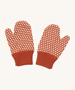 Little Green Radicals ginger diamond mittens available at Babipur. A soft GOTS organic cotton mitten with a dark orange and cream diamond design. Features a dark orange elasticated cuff for a secure fit.