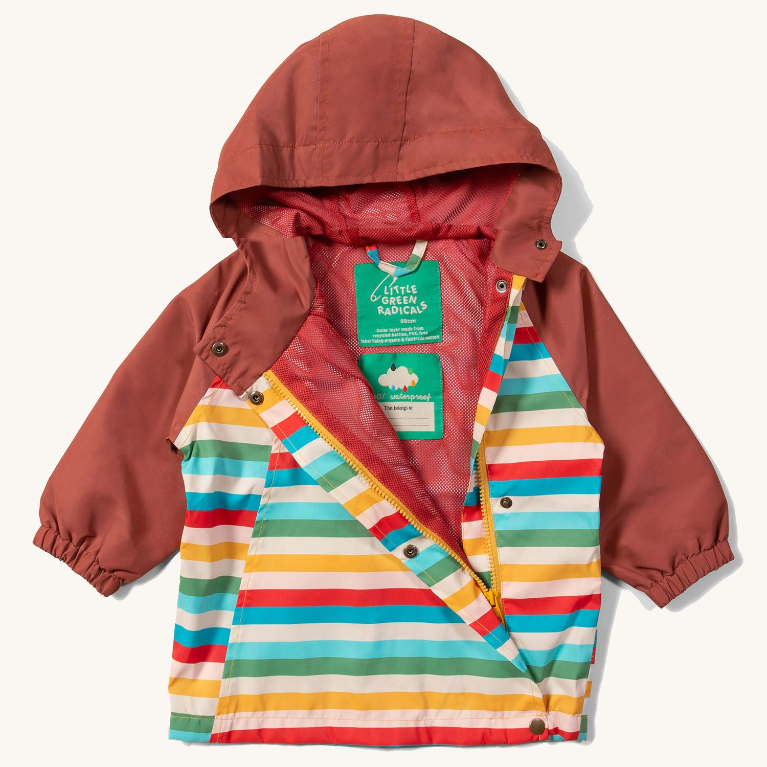 with a burgundy hood and arms