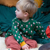 A child sitting outside and wearing the Little Green Radicals brown owl raglan sweatshirt that's available at Babipur. A soft knit long sleeve sweatshirt with cute brown owl prints and yellow trim on green organic cotton fabric.