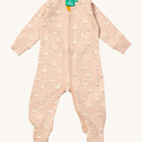 Little Green Radicals organic babygrow in puddle ducks available at Babipur. A soft GOTS organic cotton all in one in light pink with a full length zip