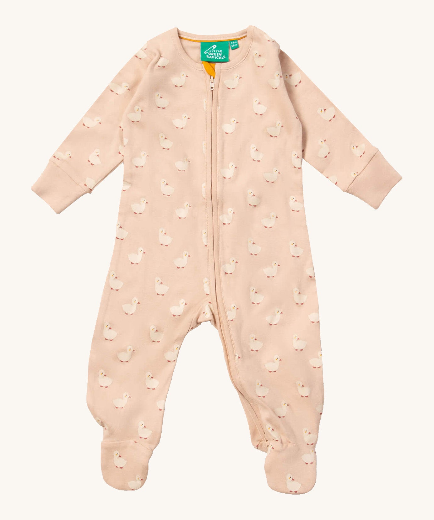 Little Green Radicals organic babygrow in puddle ducks available at Babipur. A soft GOTS organic cotton all in one in light pink with a full length zip