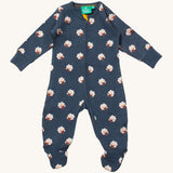 Little Green Radicals organic babygrow in navy with cute prints of sheep available at Babipur. A GOTS organic cotton all in one with a full length zip down the middle and around the crotch